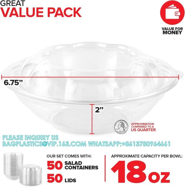 18oz Clear Plastic Salad Bowls With Lids Disposable (50 Pack) Mini Takeout