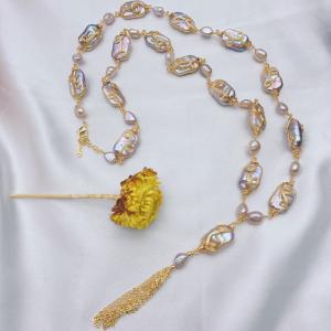 Wholesale Vintage Copper Natural Baroque Pearl Choker Necklace for Women New Thick Chain Necklace Sweater Natural Pearl Necklace from china suppliers
