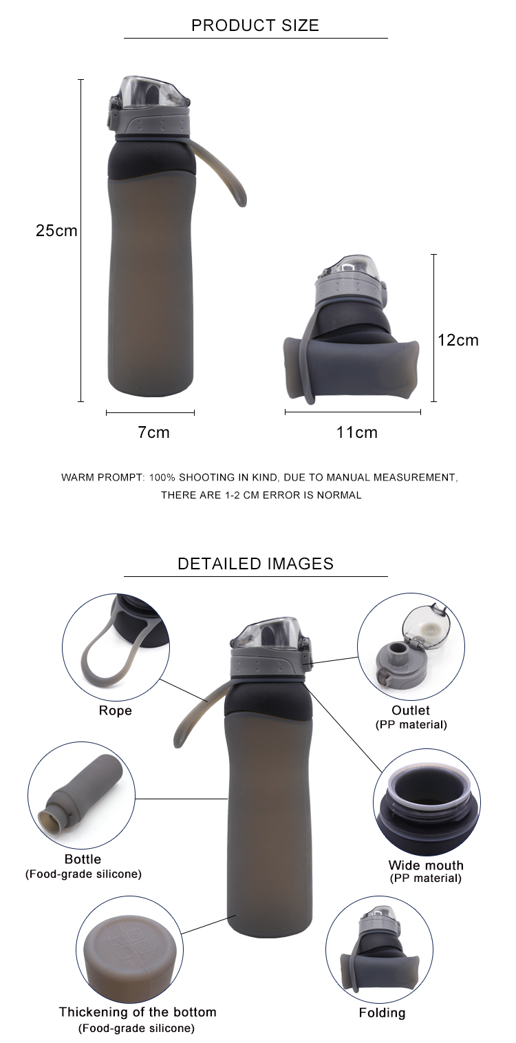 Food Grade 650ML Collapsible Silicone Water Bottle