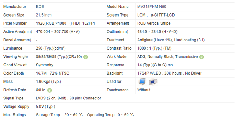 MV215FHM-N50 21.5 inch LCD Display with A Grade Screen and 1920 RGB *1080 Resolution