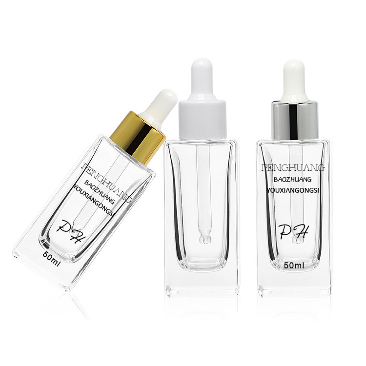 Wholesale Cosmetic Packaging Skin Care 50ml Glass Dropper square Bottles Glass Serum Bottle