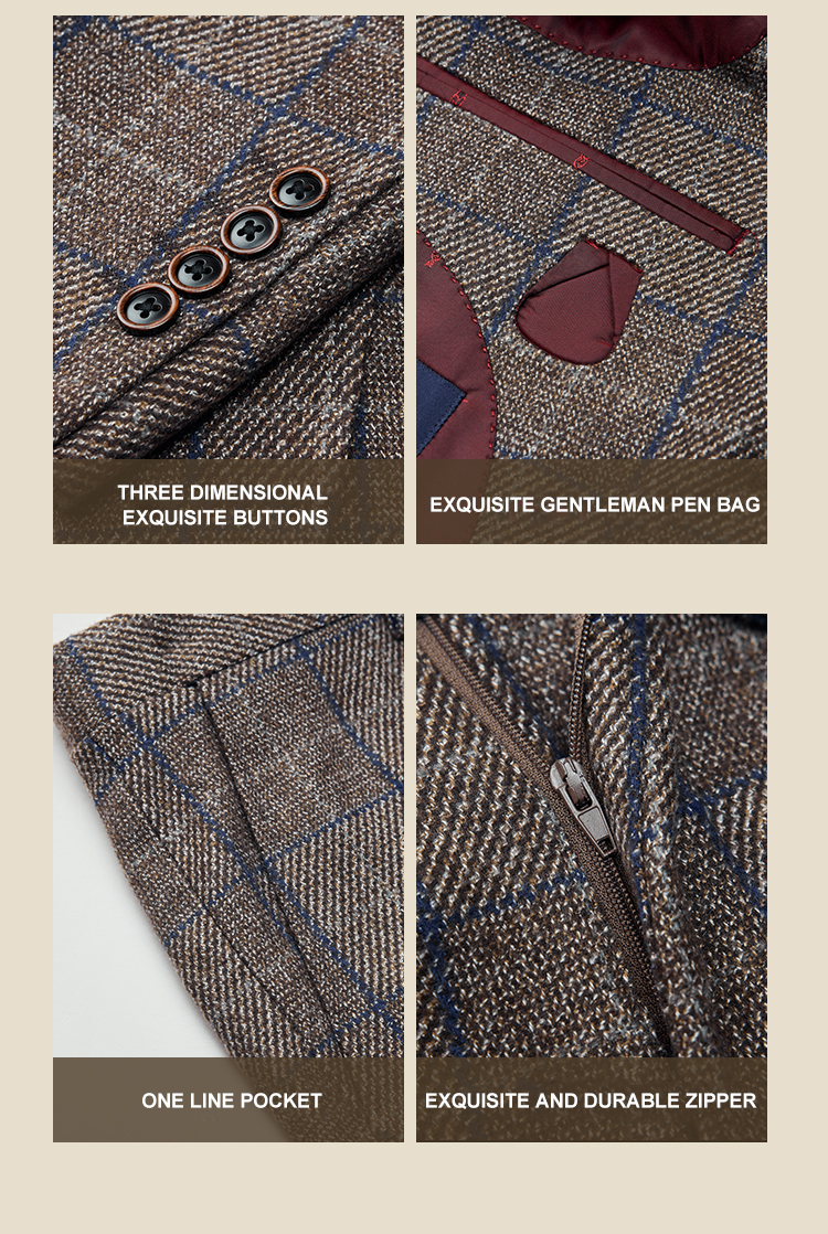 Customized Color Brown Plaid Wool Suit for Men Formal end Commuter Casual Three-piece Suit