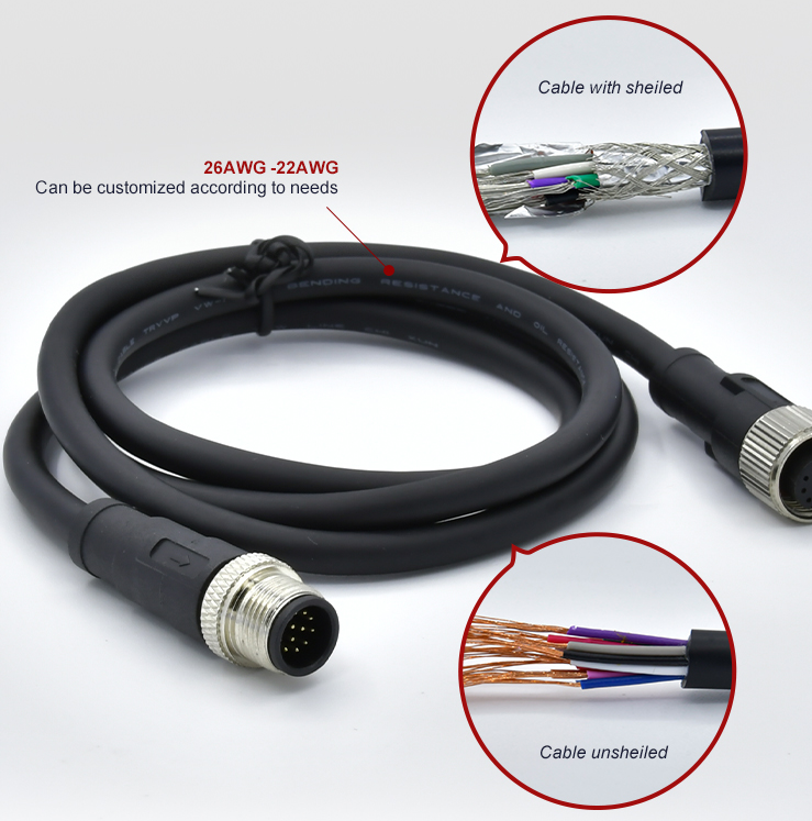 M12 Male / Female Aviation Socket 3/4/5/6/8/12/17-Core Pinhole Connector With Molded Rubber Core