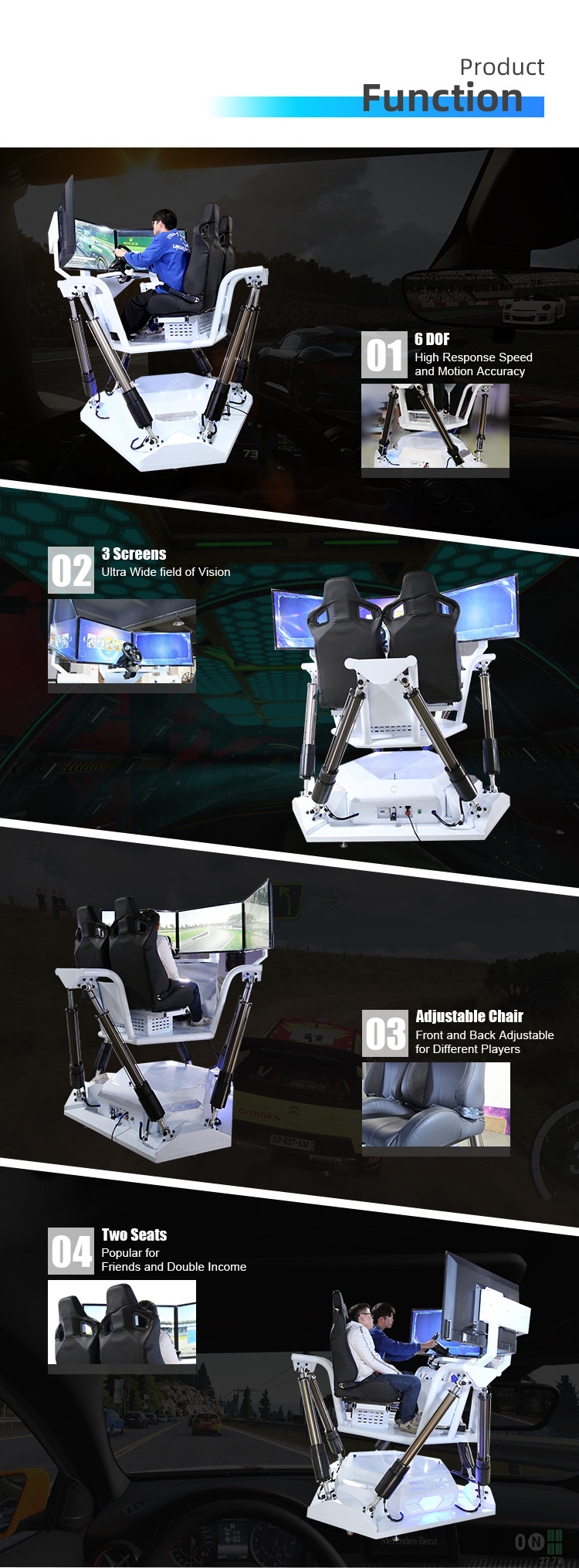 6 DOF Three Screen Vr Car Racing Simulator Double Seats