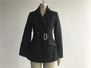 Ladies Black Double Breasted Coat , Large Lapel Collar Wool Melton Coat With Belt TW64802