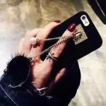 PU Drill Metal Buckle Pearl Small Hairball Chain Strap Cell Phone Case Cover for
