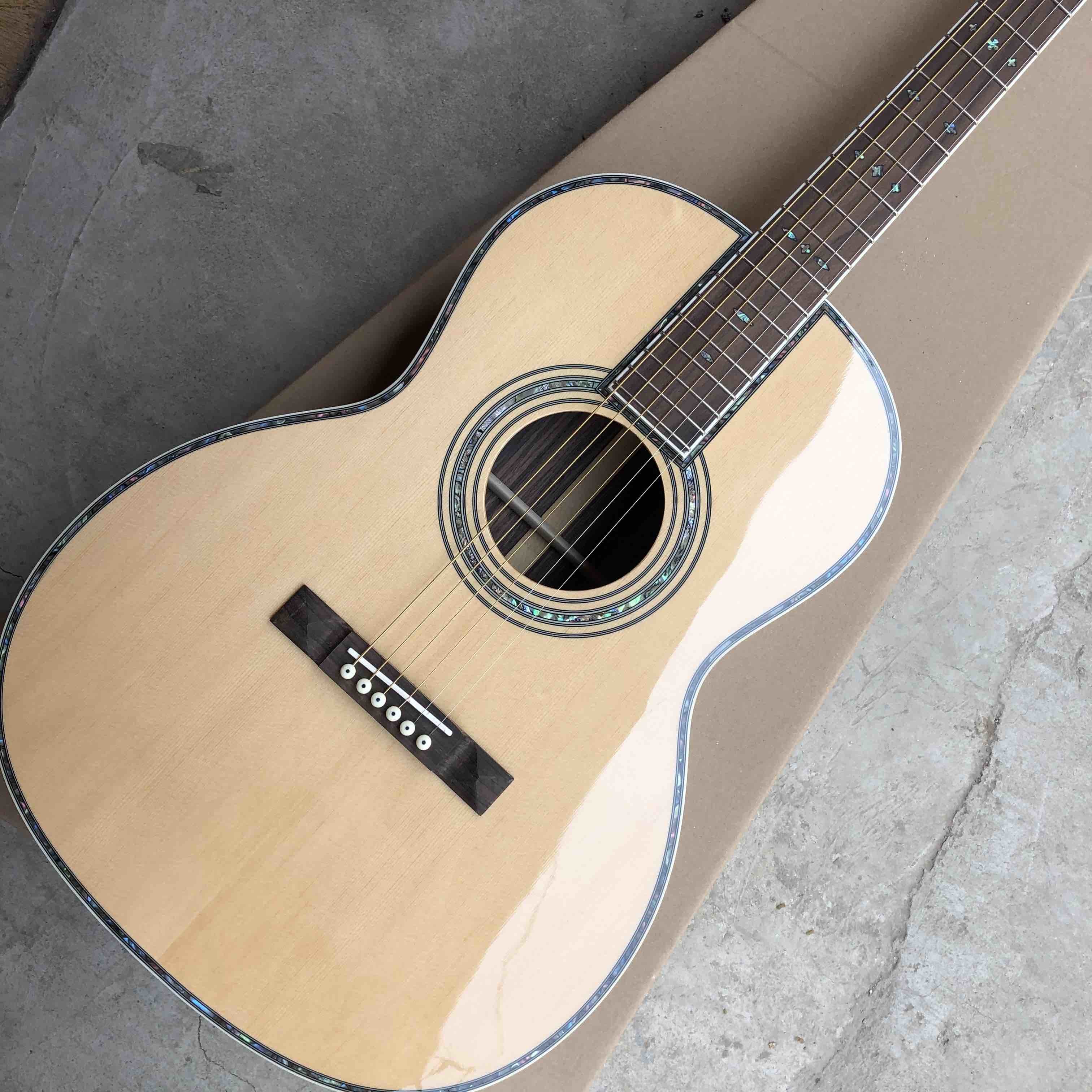 OEM custom acoustic guitar OOO body shape Guitar solid Spruce top real abalone binding and ebony fingerboard