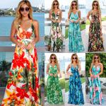 Polyester Women Floral Dresses Casual Summer Sleeveless V Neck Maxi Dress