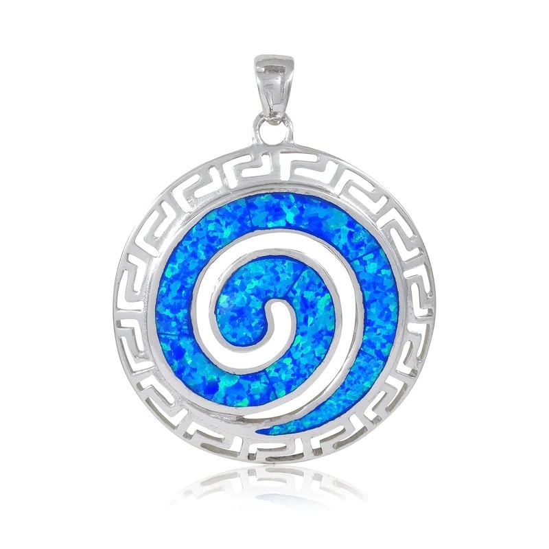 925 Sterling Silver Hawaiian Blue Fire Opal Greek Key Meander Meandros Spiral Crystal Pendant
