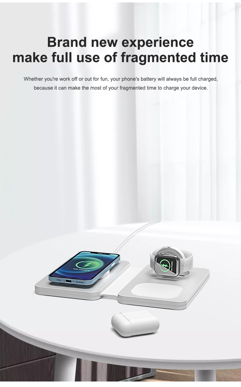 Foldable 15W Wireless Charger for iWatch , Magnetic Portable 3 in 1 Charging Station