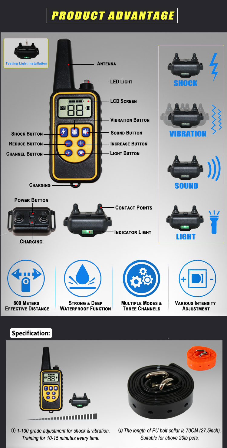 High Quality Waterproof Pet dog anti bark remote electric shock dog training collars 800m for 3 dogs