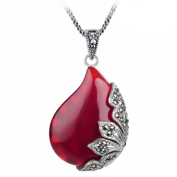 Vintage Jewelry 925 Silver Red Agate Marcasite Drop Pendant Necklace 18 Inches