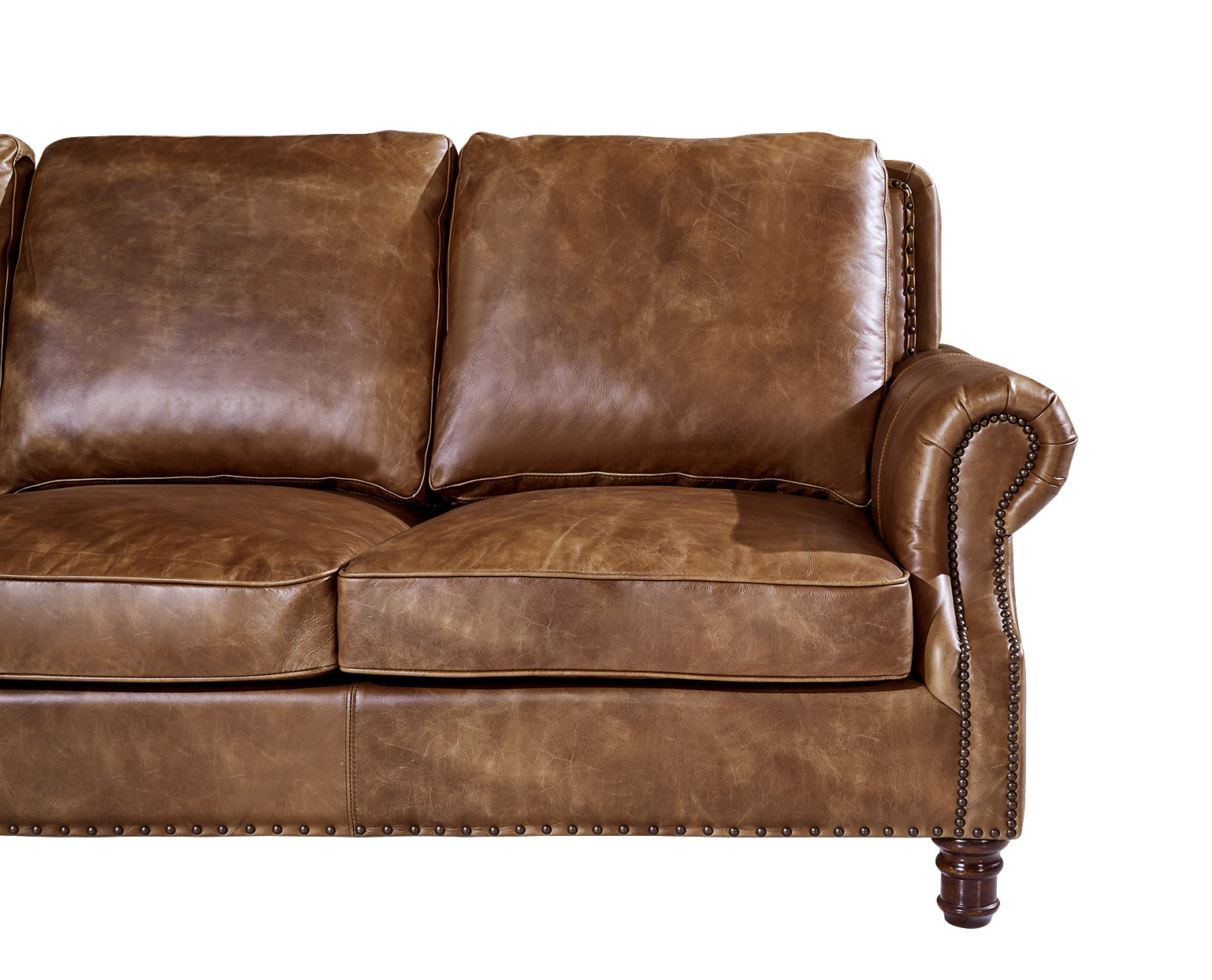American Retro Vintage Three Seater Leather Sofa Solid Wood Frame With Rolled Arms