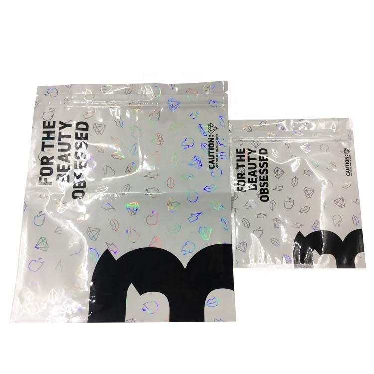 Holographic Compostable Aluminium Foil Three Side Seal Mylar Bag with Zipper and Window for Gifts or Cosmetics