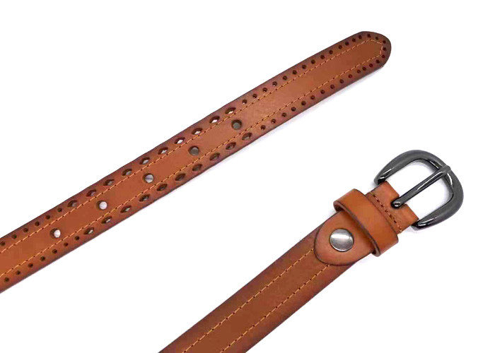 23mm Wide Tan Color Women's Fashion Leather Belts With Hollow - Out Round Alloy Buckle