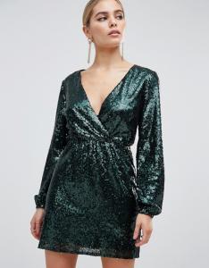 China OEM sequin wrap front long sleeve green skater dress on sale