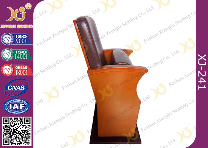 Brown Leather Low Back Auditorium Chairs With Self Weight Retracting Seat