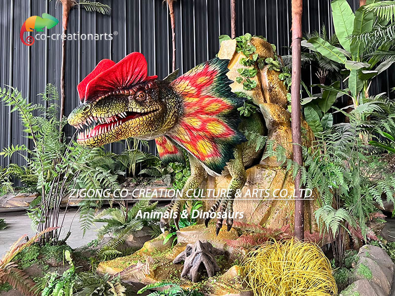 Simulation Life Size Animatronic Dinosaur Dilophosaurus For Amusement Park