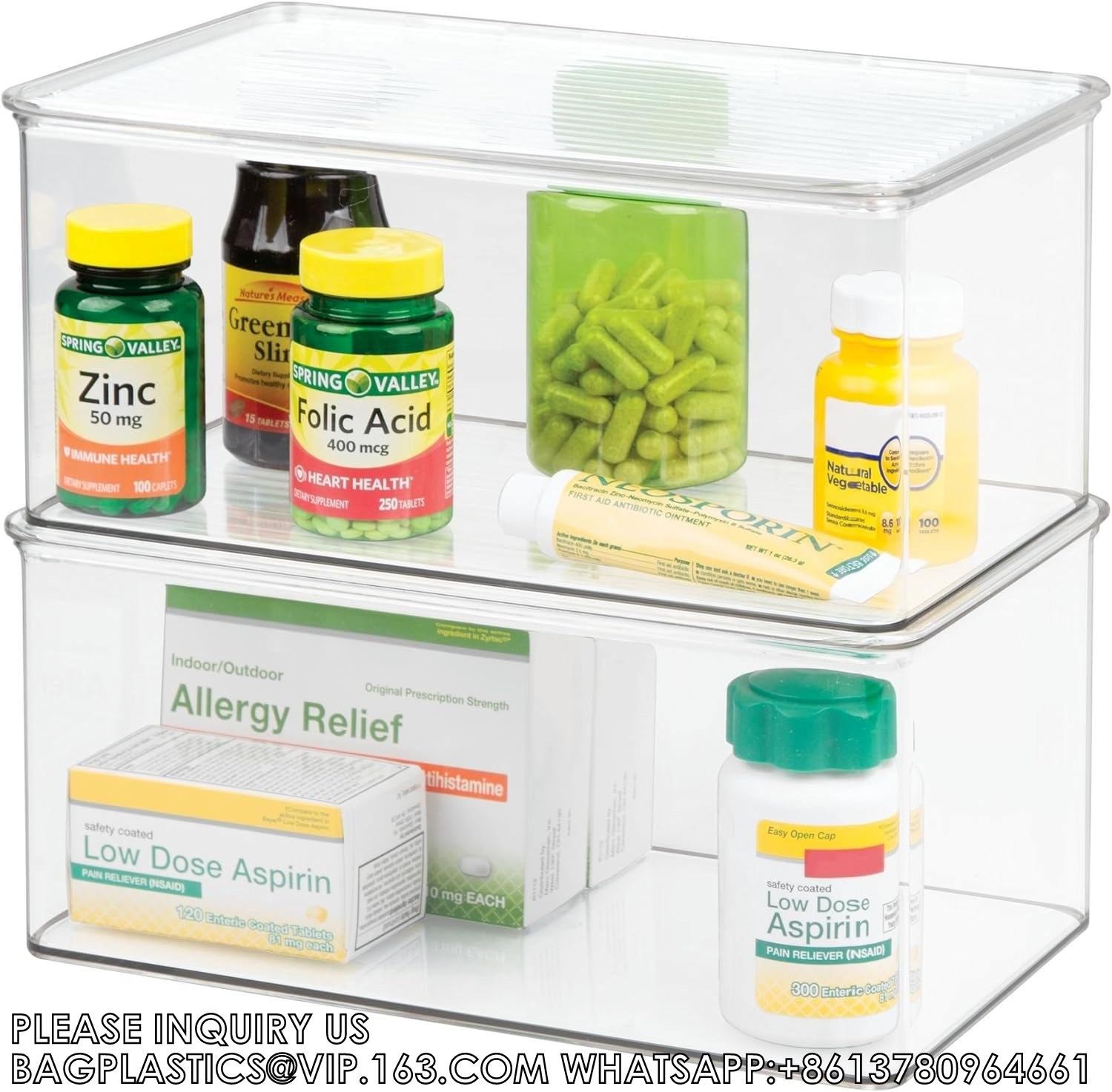 Plastic Bathroom Vanity Organizer Bin With Lid For Medication, Accessories, Cosmetics And More, 7.25" X 10.75" X 5"