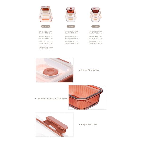 IKOO Color Sprayed Glass Food Container with 4 Lock PP Lid Stackable and Temperature Resistant -40℃-560℃
