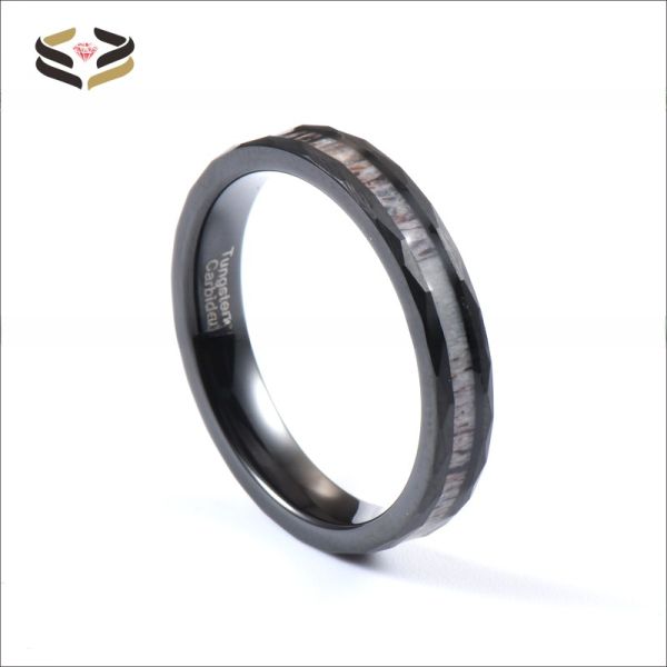 4mm Deer Antler Inlay Hammered Black Tungsten Ring for Women's Wedding Band Comfort Fit Sample Making and Religious Type