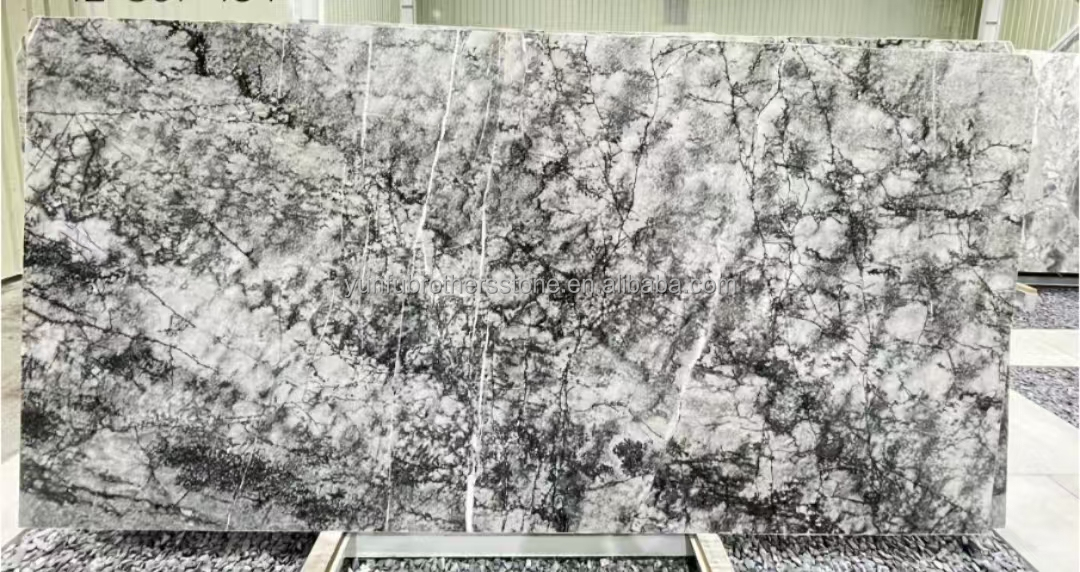 Italian Natural Stone Silver Fir Black Grey Look Marble Textured Slab for Home Wall Panel