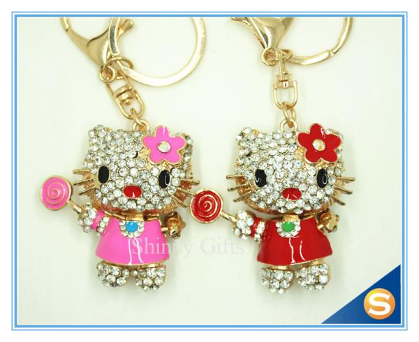 New Animal Metal Bag Ornament Cute Crystal Flower Cat With Candy Key chains