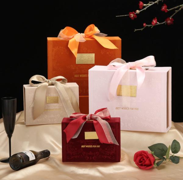Velvet Book Shaped Paper Gift Box Self Erecting Cardboard Packaging Red Pink