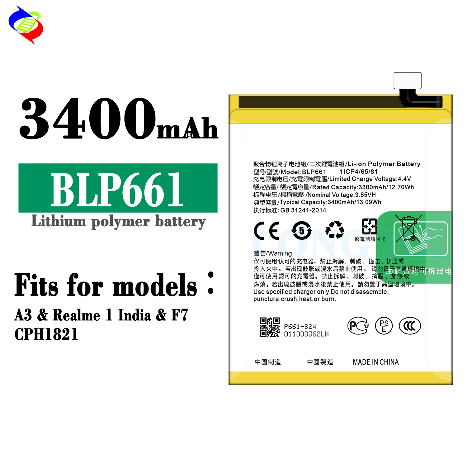 Double IC Protection 3400mAh BLP661 A3 Battery for OPPO A3 A3m F7 CPH1821 Mobile Phone