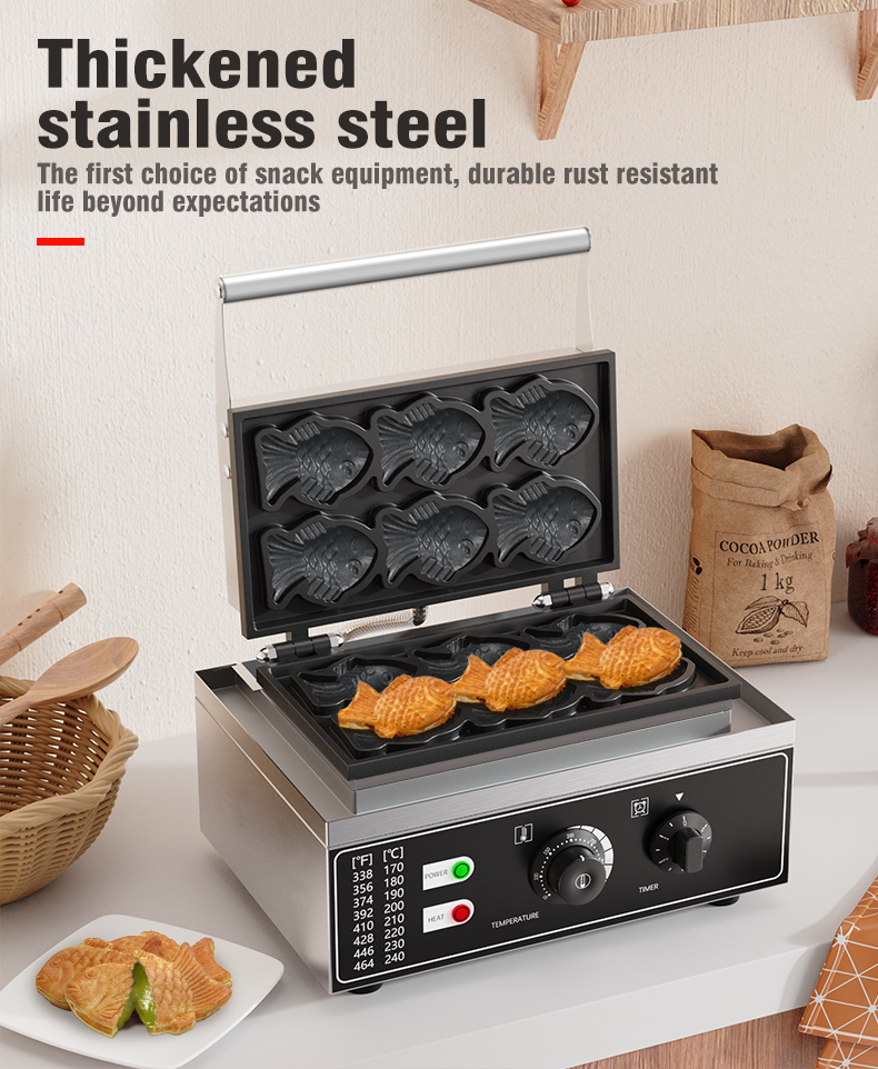 Electric Mini Fish Taiyaki Maker Stainless Steel 6 Fish Shaped Waffle Baker Machine