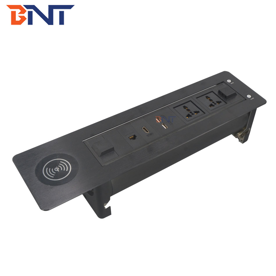Multimedia electric flip up hidden table mount socket with wireless phone charger