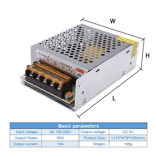 AC 100V 240V to DC 5V 10A 50W Power Supply Regulator Switching Power Transformer Adapter For LED Light Strip