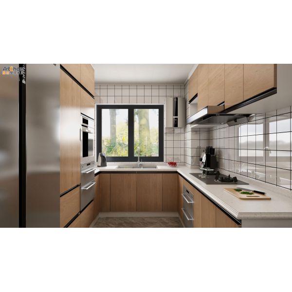 Maple Kitchen Cabinet with Mahogany Door and Marble Top in French Design Style