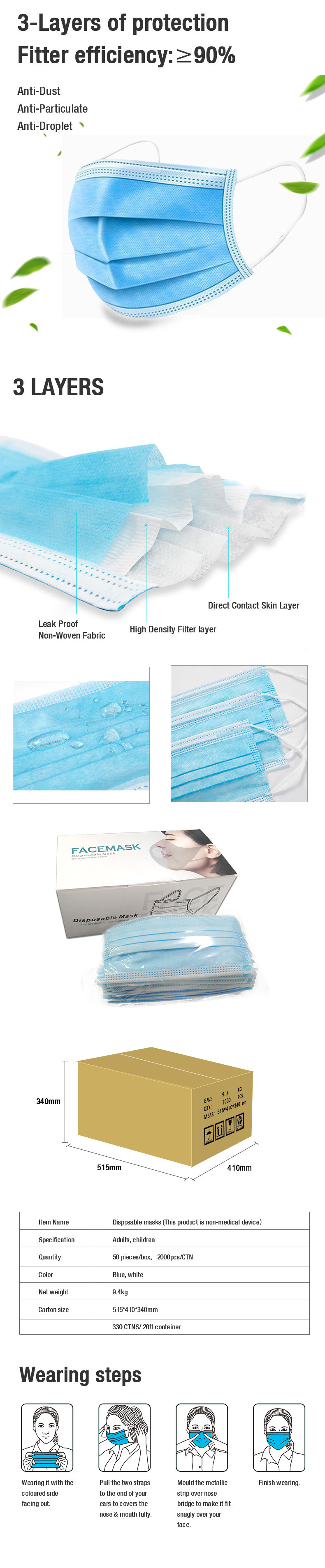 Ear Loop Children's Disposable Face Masks Blue Color With High Filtration Capacity