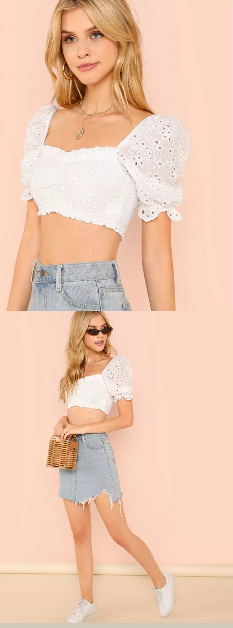 Wholesale Western Boutique Clothing White Cotton Crop Smock Blouses For Women 2018