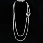 White Shell Pearl Double Strands Sweater Necklace with Cubic Zirocnia Butterfly
