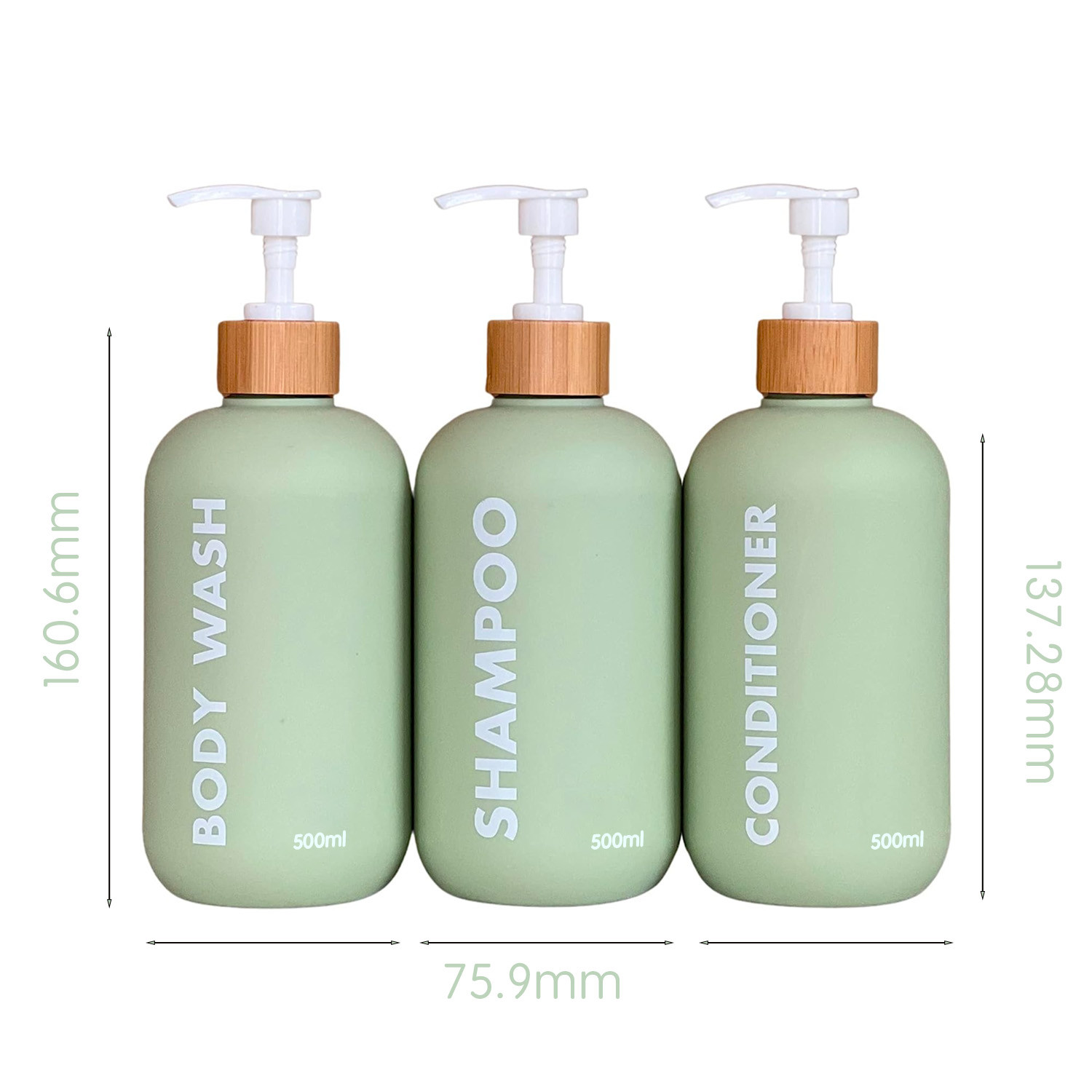 500ml Green cylindrical smooth with bamboo pump for shampoo lotion bottle
