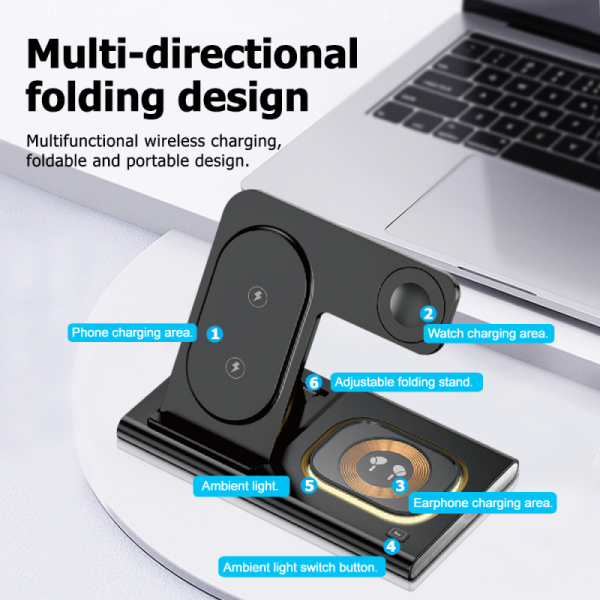 Multifunction Desk Foldable Wireless Charger Charging Stand With Light 18W Magnetic 4 In 1 Wireless Phone Charger