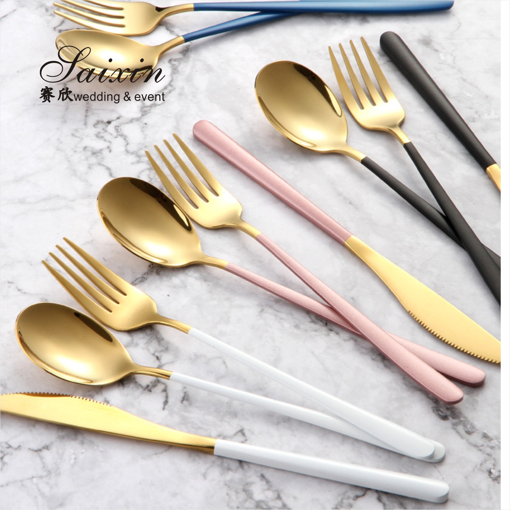 SX-GP-012 Luxury vintage stainless steel knife fork spoon 4pieces set cutlery for wedding dinner party