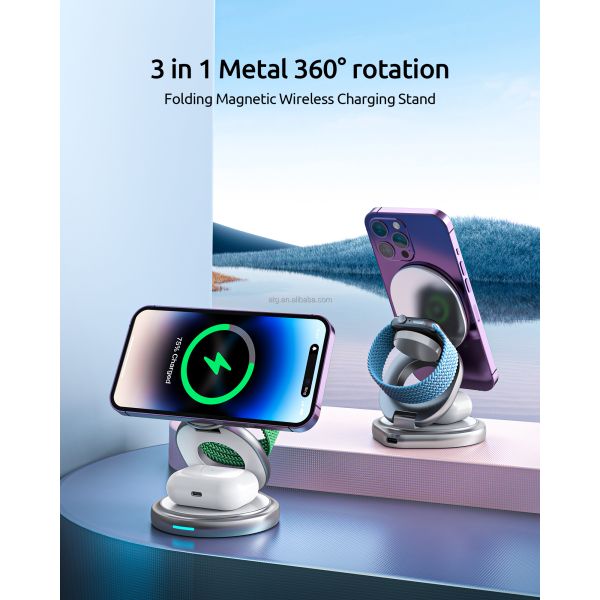360 Rotating Metal 3 In 1 Wireless Charging Station Folding 15W 2.5W for Watch