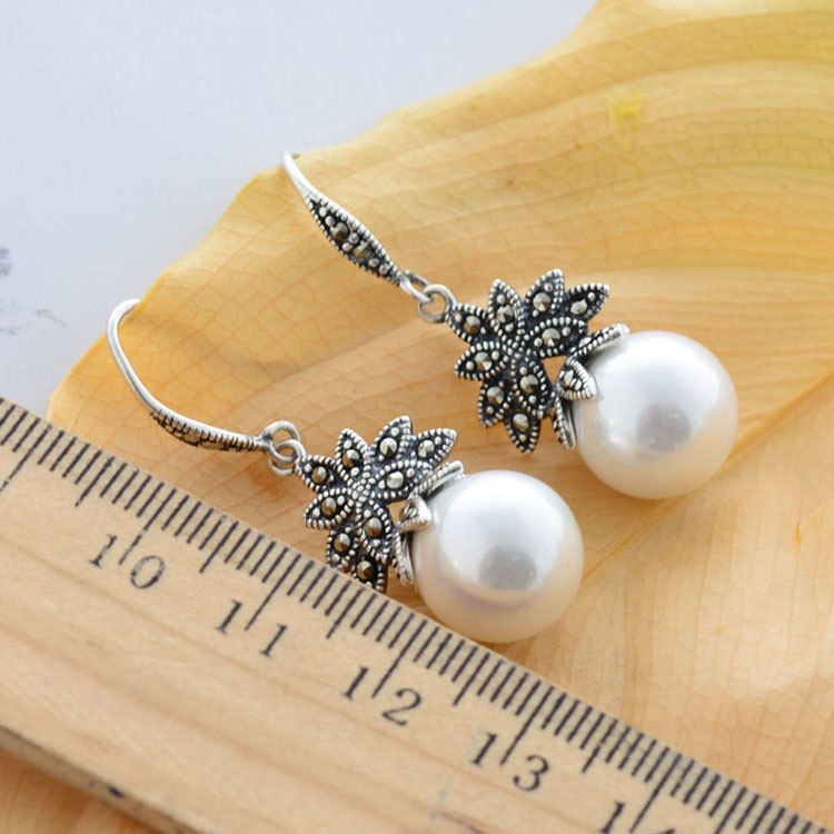Sterling Silver White Pearl Dangle DropEarrings Thai Vintage Jewellery(E12035WHITE)