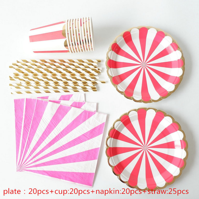 Baby Pink Striped Afternoon Tea 18th 30th 40th Birthday Disposable Party Tableware