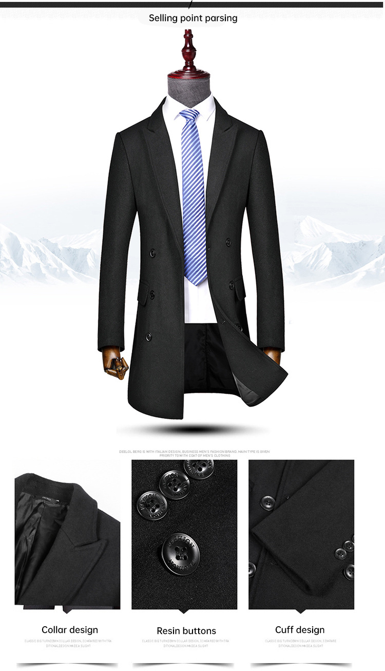 Business Casual Double-Breasted Men's Woolen Coat in Standard Thickness Canvas Fabric
