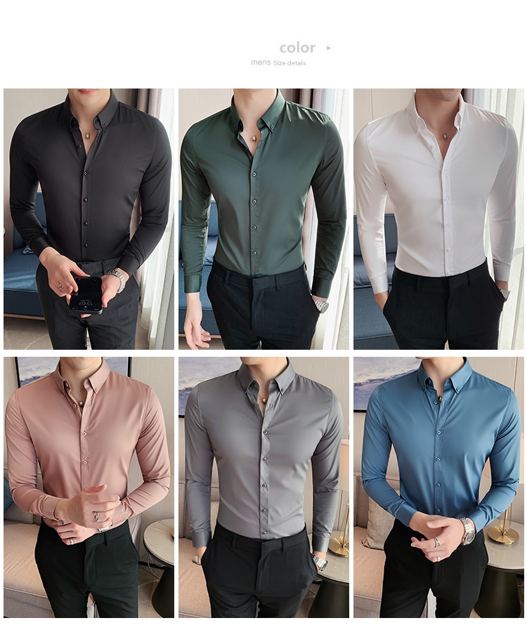 Men's Fashionable Business Casual Shirt Plain Solid Long Sleeve Slim Fit Office Shirts
