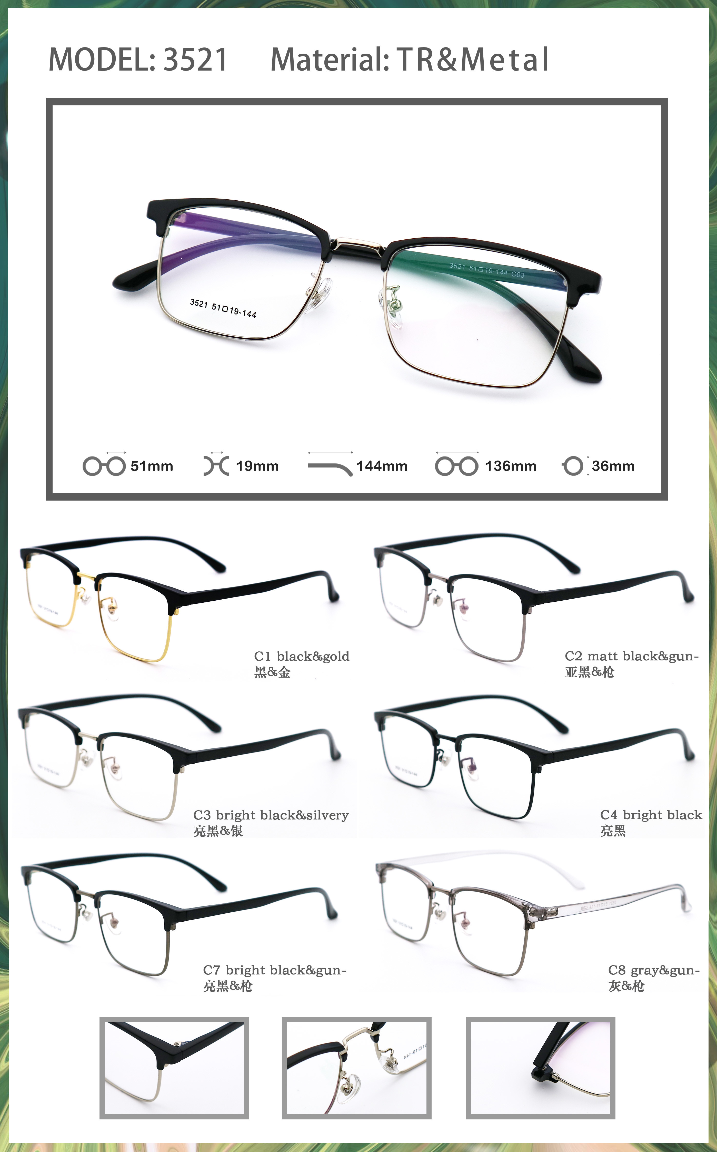 Modern Business Browline Glasses Metal Frame Perfectly Match All Face Shapes 3521