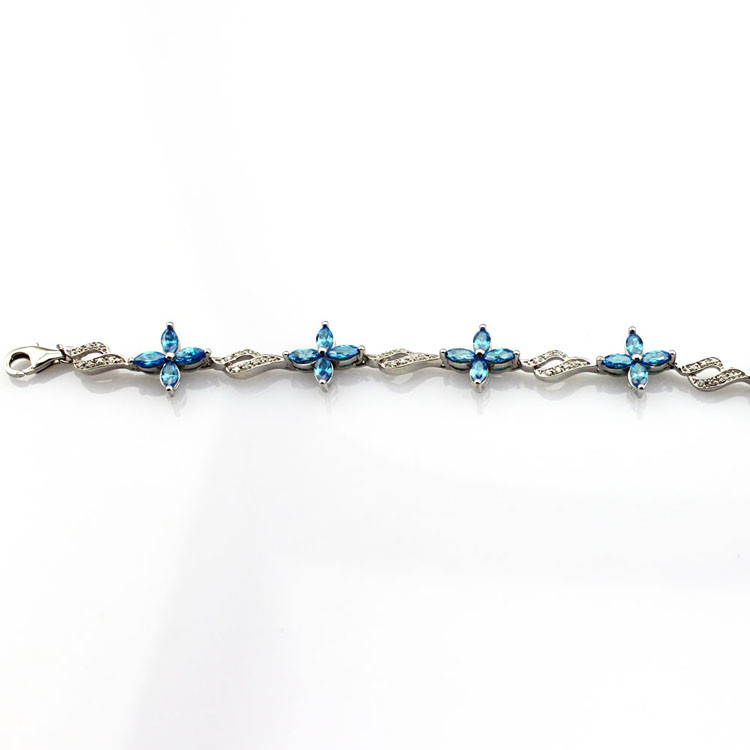 925 Silver Jewellery Quatrefoil Blue Topaz Cubic Zircon Tennis Bracelet (B04BLUE)