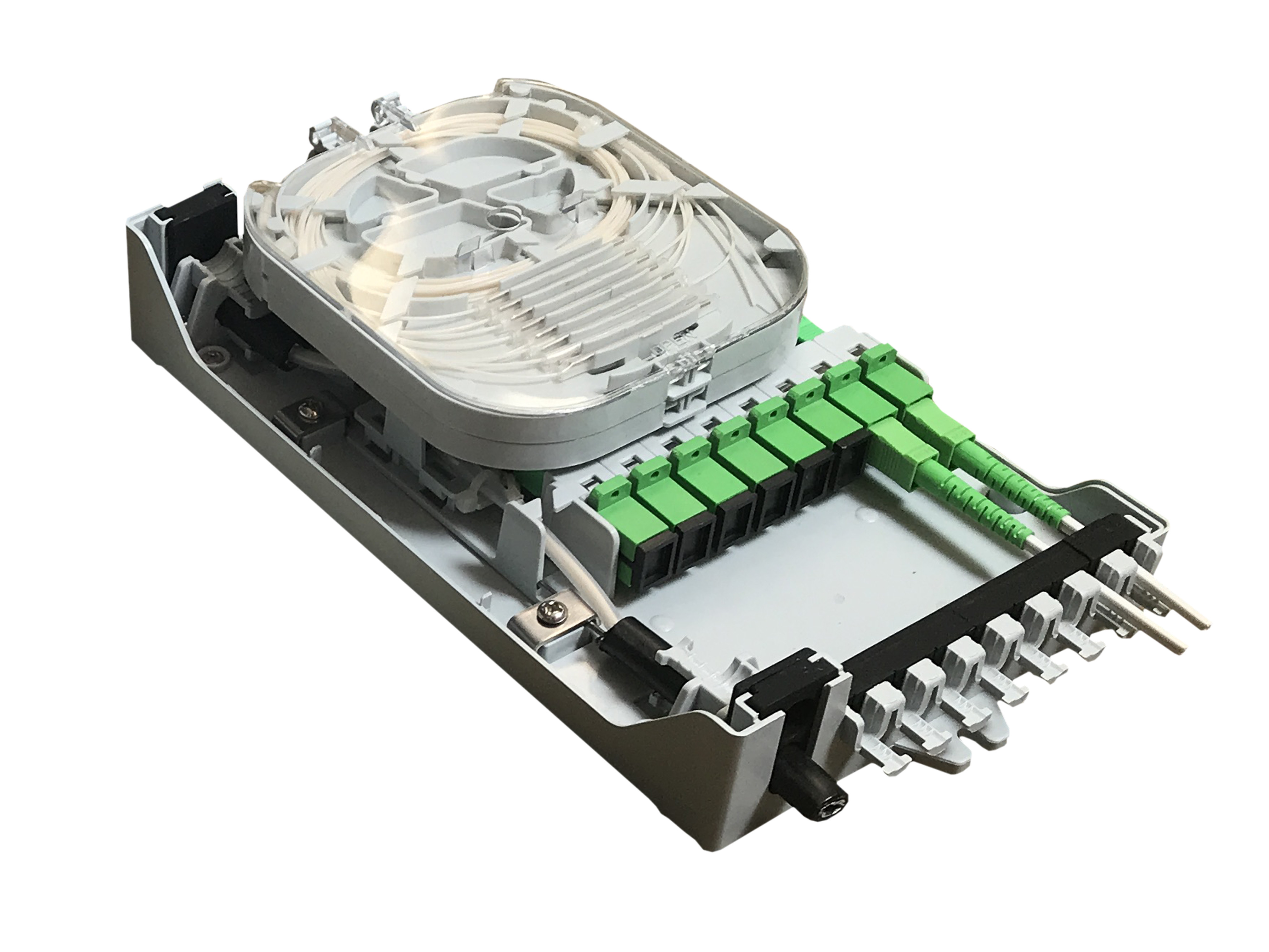 GFS-8ZT-2,fiber distribution box,splitter box,Max Capacity 8 cores,,size 235*126*52mm, Material: PC+ABS,IP 65