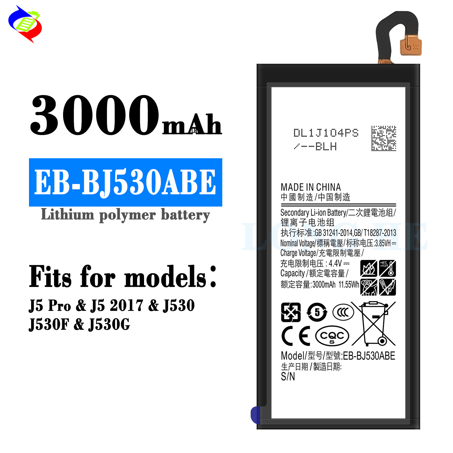Black Mobile Phone Replacement Battery EB-BJ530ABE for Samsung J5 PRO J5 2017 J530 3000mAh 3.85V