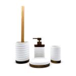White Color Polyresin Bathroom Set Ribbed Circles Look With Wood Parts