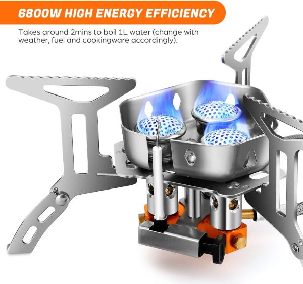 6800W Windproof Camp Stove Camping Gas Stove with Fuel Canister Adapter, Piezo